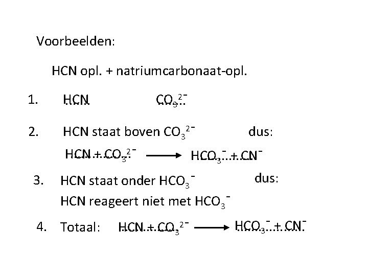 Voorbeelden: HCN opl. + natriumcarbonaat-opl. 1. HCN. . . . 2. HCN staat boven