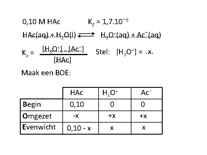 0, 10 M HAc KZ = 1, 7. 10ˉ5 HAc(aq). . . + H