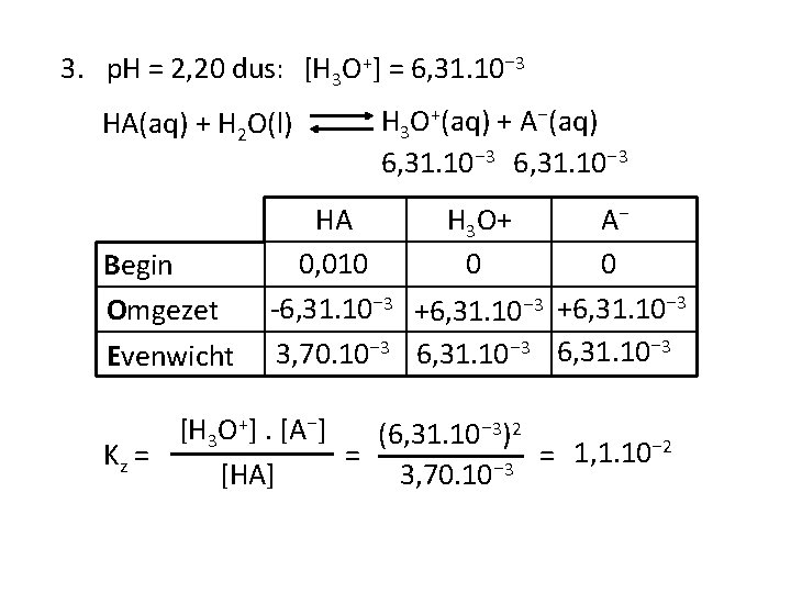 3. p. H = 2, 20 dus: [H 3 O+] = 6, 31. 10⁻