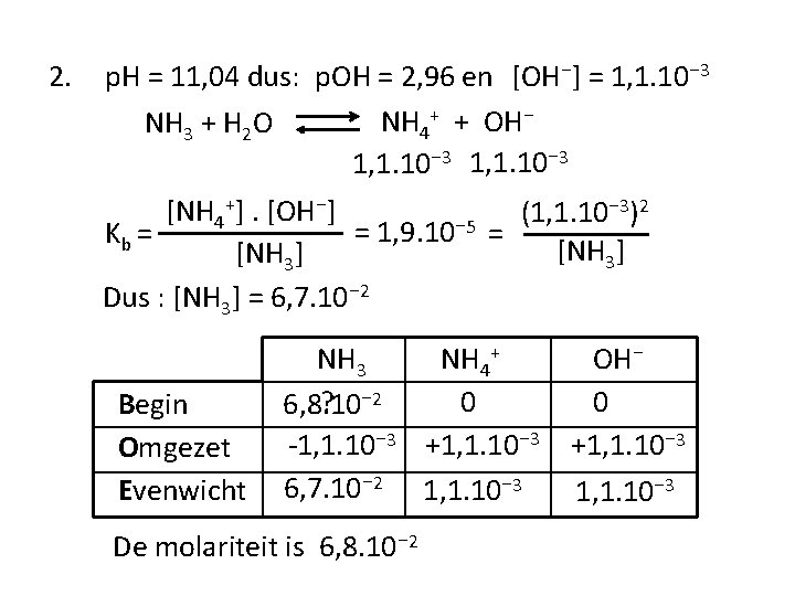 2. p. H = 11, 04 dus: p. OH = 2, 96 en [OH⁻]