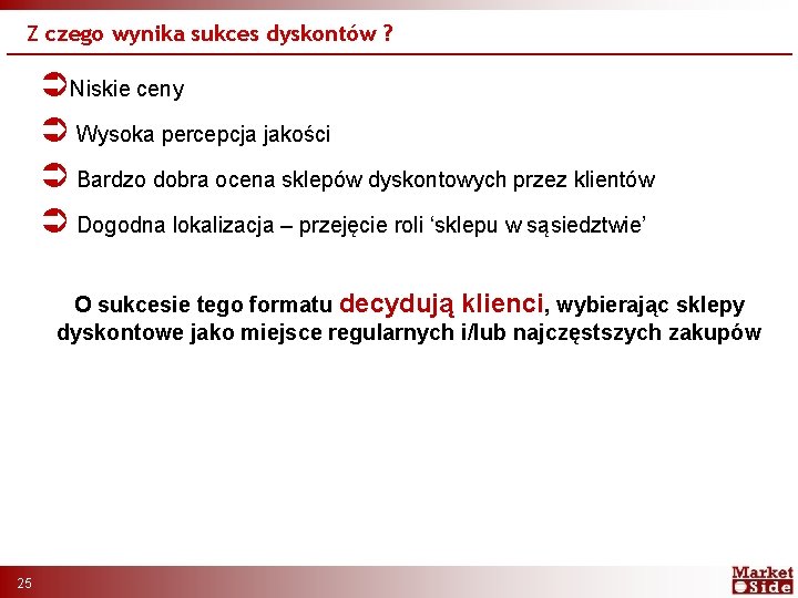 Z czego wynika sukces dyskontów ? ÜNiskie ceny Ü Wysoka percepcja jakości Ü Bardzo