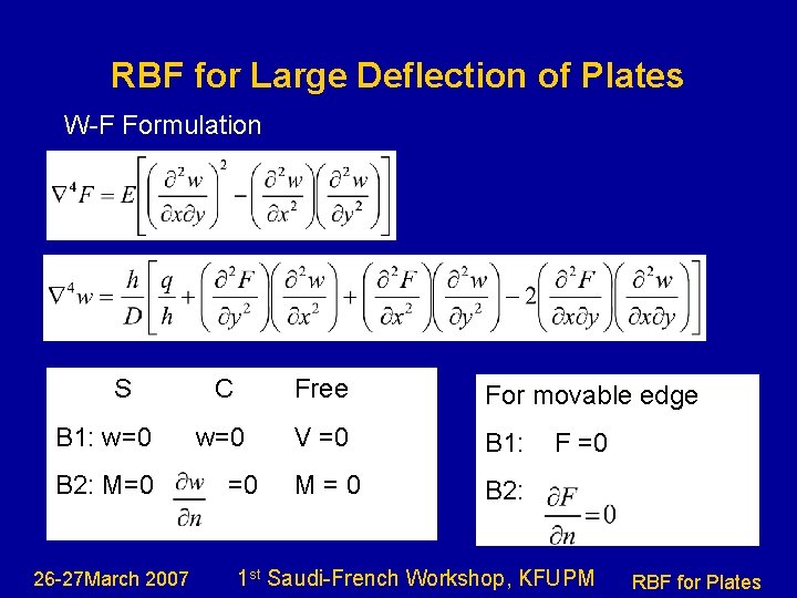 RBF for Large Deflection of Plates W-F Formulation S B 1: w=0 B 2: