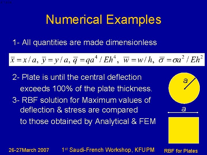 Numerical Examples 1 - All quantities are made dimensionless 2 - Plate is until