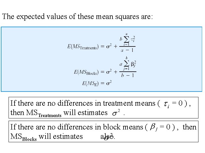 The expected values of these mean squares are: If there are no differences in