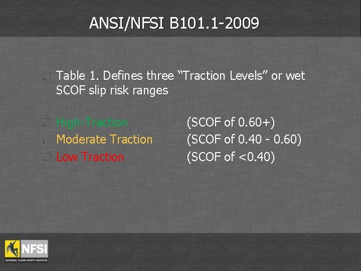 ANSI/NFSI B 101. 1 -2009 Table 1. Defines three “Traction Levels” or wet SCOF