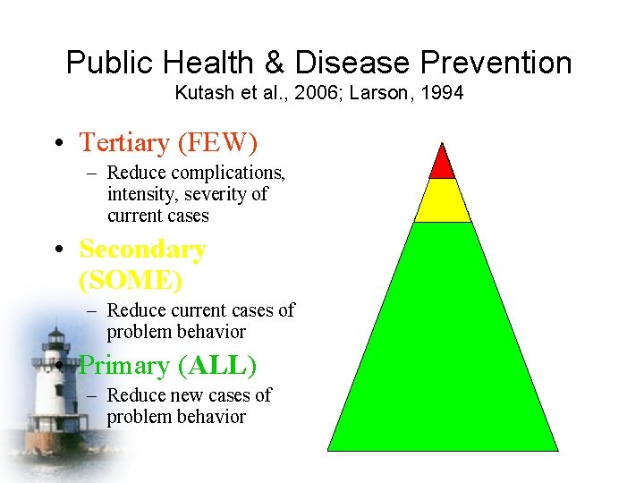 Public Health & Disease Prevention Kutash et al. , 2006; Larson, 1994 • Tertiary