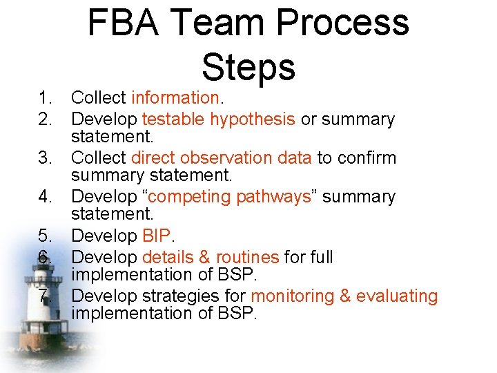 FBA Team Process Steps 1. Collect information. 2. Develop testable hypothesis or summary statement.