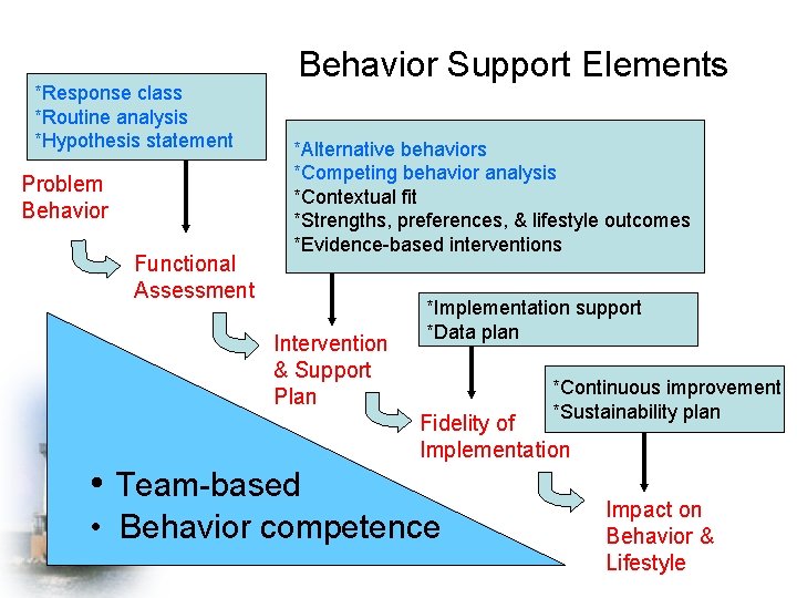 *Response class *Routine analysis *Hypothesis statement Problem Behavior Functional Assessment Behavior Support Elements *Alternative