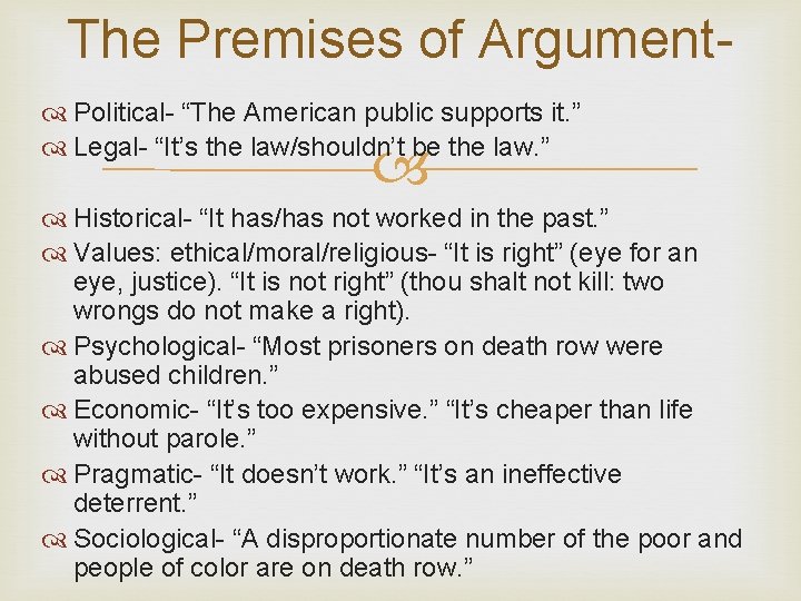 The Premises of Argument Political- “The American public supports it. ” Legal- “It’s the