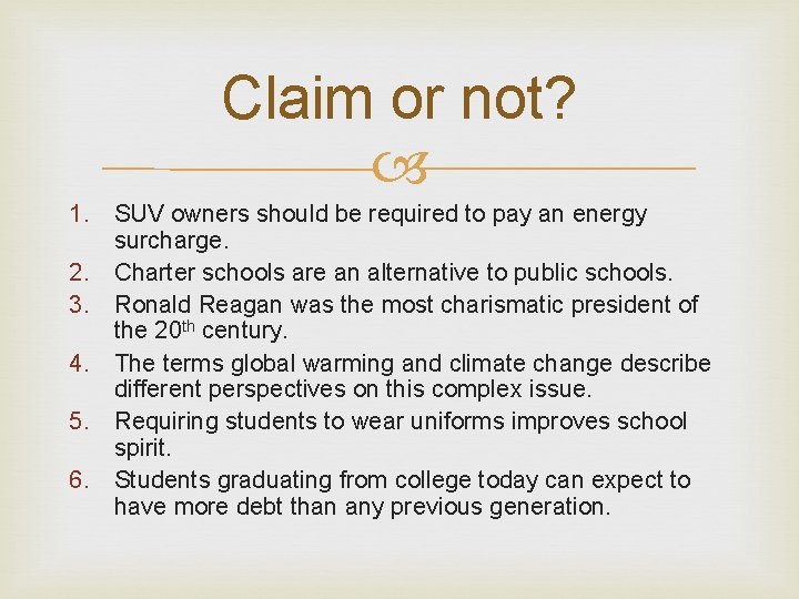 Claim or not? 1. SUV owners should be required to pay an energy surcharge.