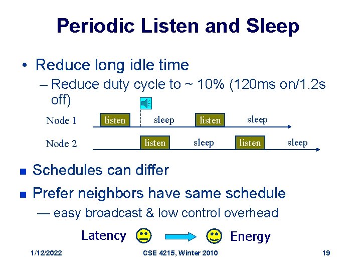 Periodic Listen and Sleep • Reduce long idle time – Reduce duty cycle to