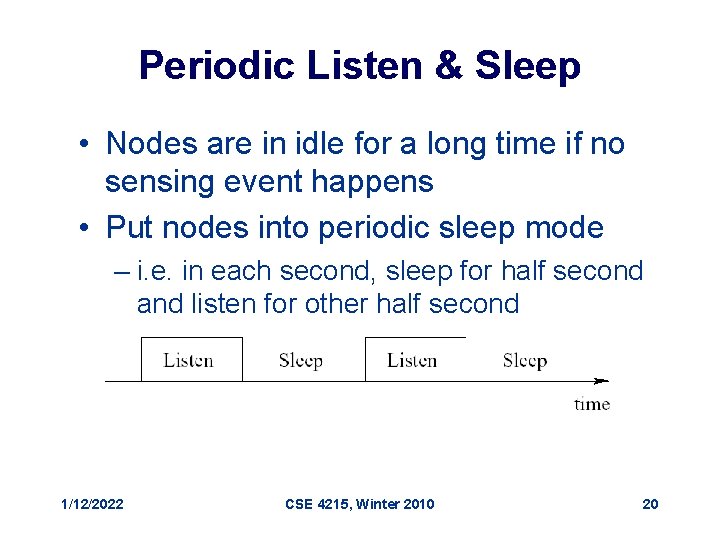 Periodic Listen & Sleep • Nodes are in idle for a long time if