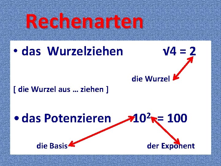 Rechenarten • das Addieren Wurzelziehen [ die Wurzel aus … ziehen ] 3 +√