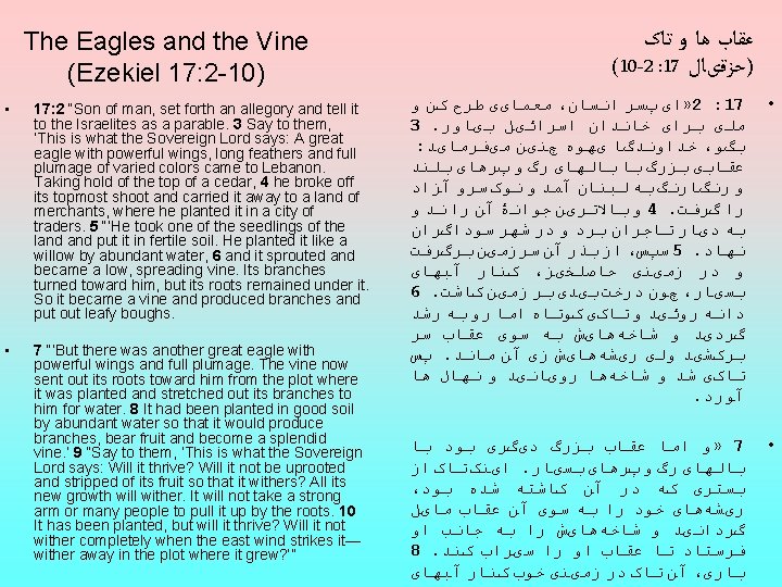 The Eagles and the Vine (Ezekiel 17: 2 -10) • 17: 2 “Son of
