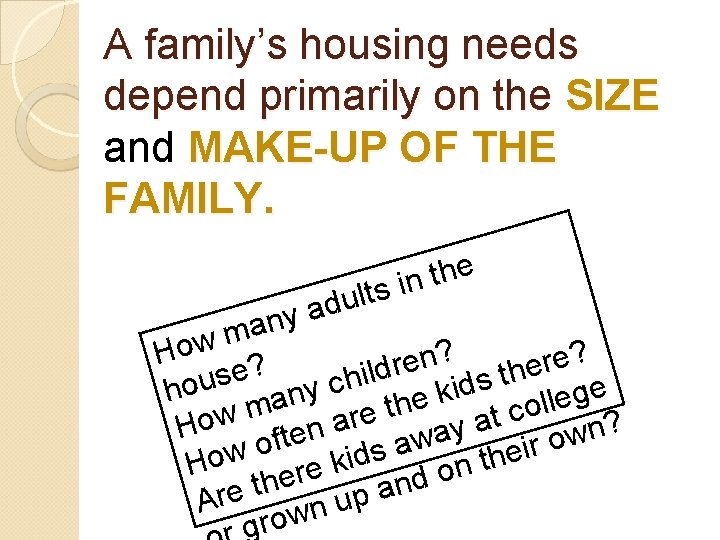 A family’s housing needs depend primarily on the SIZE and MAKE-UP OF THE FAMILY.