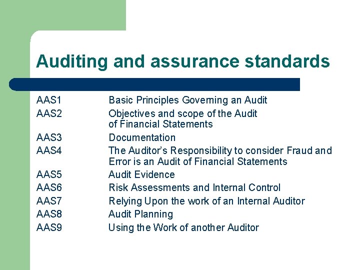 Auditing and assurance standards AAS 1 AAS 2 AAS 3 AAS 4 AAS 5