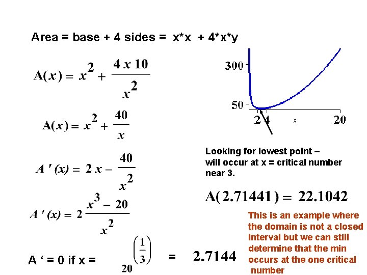 Area = base + 4 sides = x*x + 4*x*y Looking for lowest point
