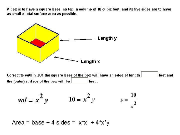 Length y Length x Area = base + 4 sides = x*x + 4*x*y