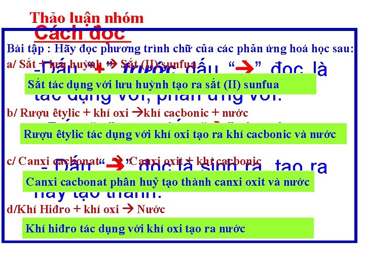 Thảo luận nhóm Cách đọc : Bài tập : Hãy đọc phương trình chữ