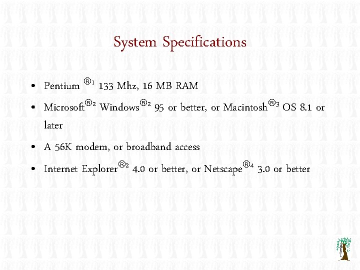 System Specifications • Pentium 1 133 Mhz, 16 MB RAM • Microsoft 2 Windows