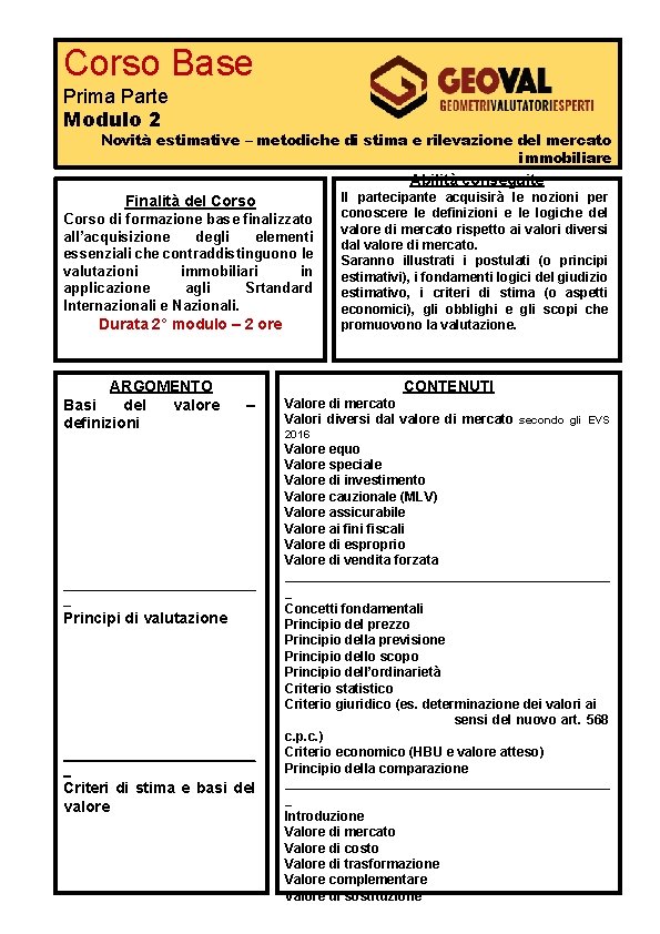 Corso Base Prima Parte Modulo 2 Novità estimative – metodiche di stima e rilevazione