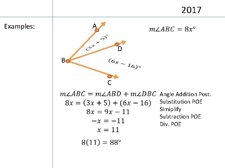 2017 A Examples: D B C Angle Addition Post. Substitution POE Simiplify Subtraction POE