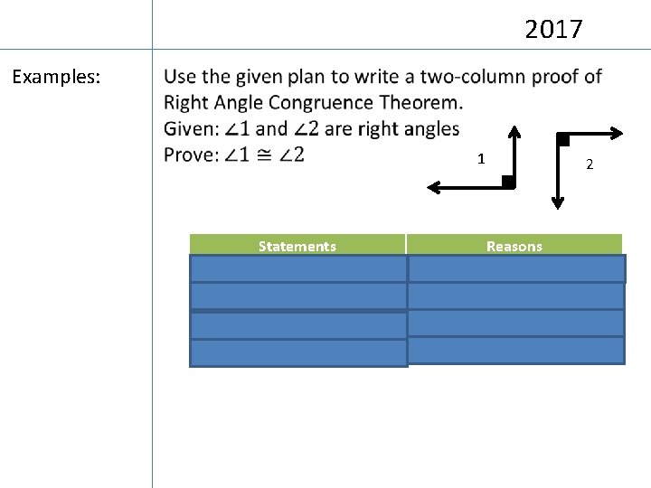 2017 Examples: 1 Statements 2 Reasons 1. ) Given 2. ) Def. of right