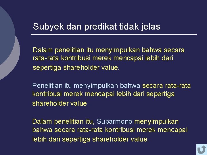 Subyek dan predikat tidak jelas Dalam penelitian itu menyimpulkan bahwa secara rata-rata kontribusi merek