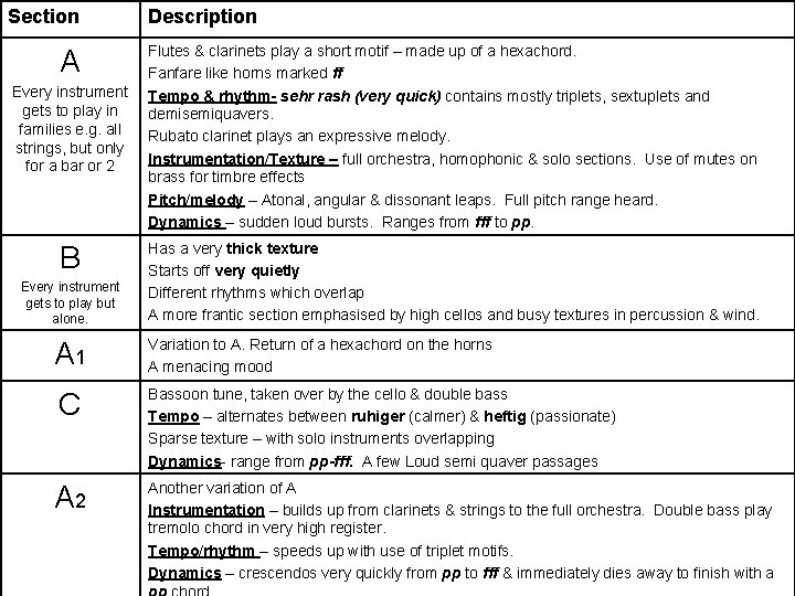 Section A Every instrument gets to play in families e. g. all strings, but