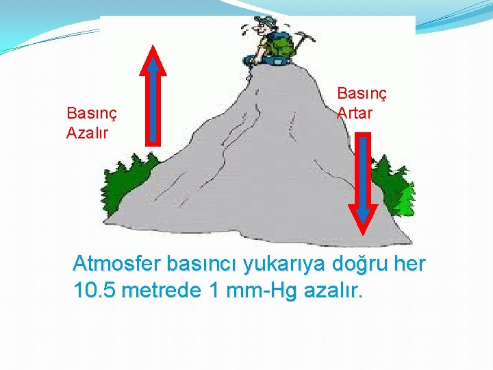 Basınç Azalır Basınç Artar Atmosfer basıncı yukarıya doğru her 10. 5 metrede 1 mm-Hg