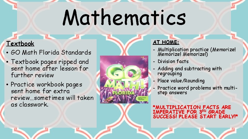 Mathematics Textbook • GO Math Florida Standards • Textbook pages ripped and sent home