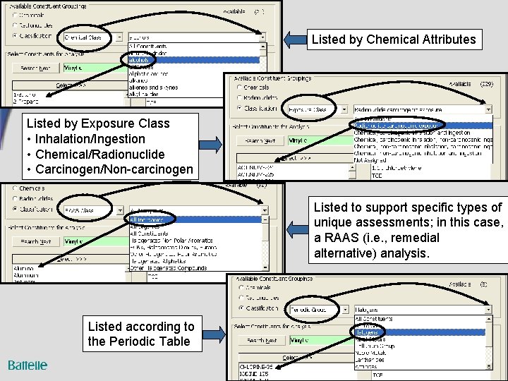 Listed by Chemical Attributes Listed by Exposure Class • Inhalation/Ingestion • Chemical/Radionuclide • Carcinogen/Non-carcinogen