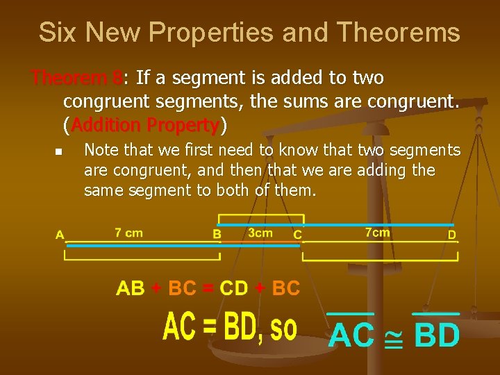 Six New Properties and Theorems Theorem 8: If a segment is added to two