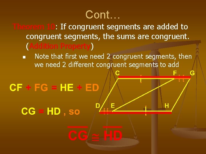 Cont… Theorem 10: If congruent segments are added to congruent segments, the sums are