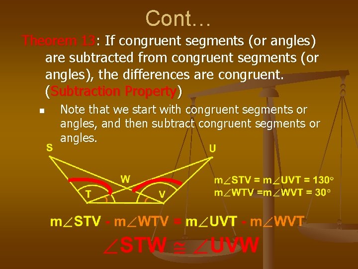 Cont… Theorem 13: If congruent segments (or angles) are subtracted from congruent segments (or
