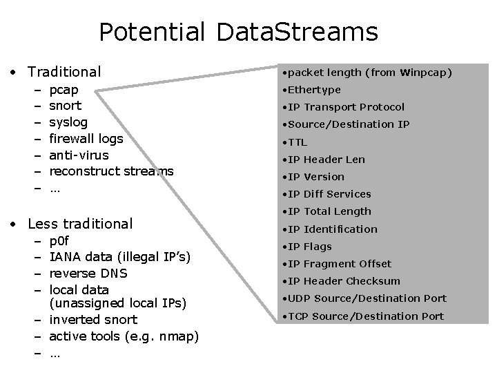 Potential Data. Streams • Traditional – – – – pcap snort syslog firewall logs