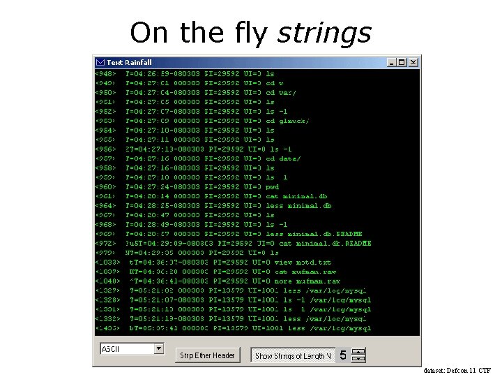 On the fly strings dataset: Defcon 11 CTF 