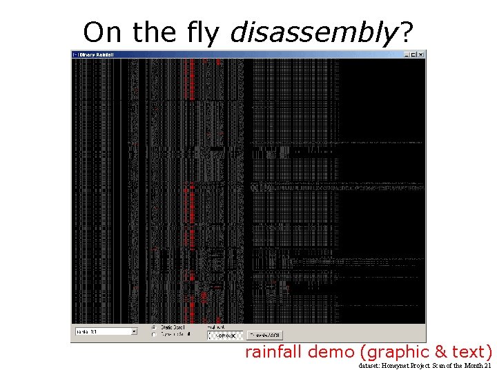 On the fly disassembly? rainfall demo (graphic & text) dataset: Honeynet Project Scan of