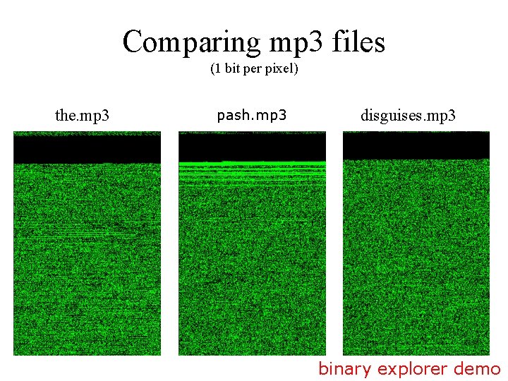 Comparing mp 3 files (1 bit per pixel) the. mp 3 pash. mp 3