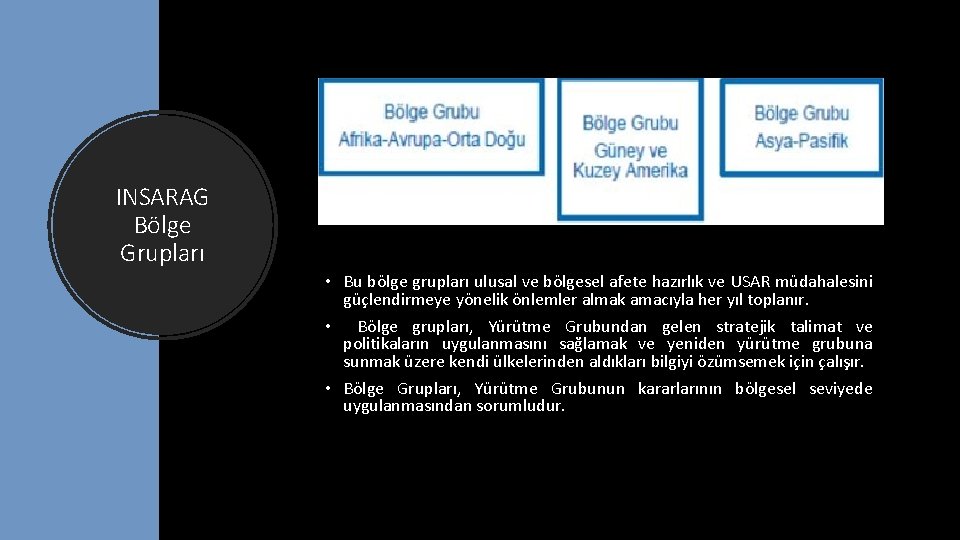 INSARAG Bölge Grupları • Bu bölge grupları ulusal ve bölgesel afete hazırlık ve USAR