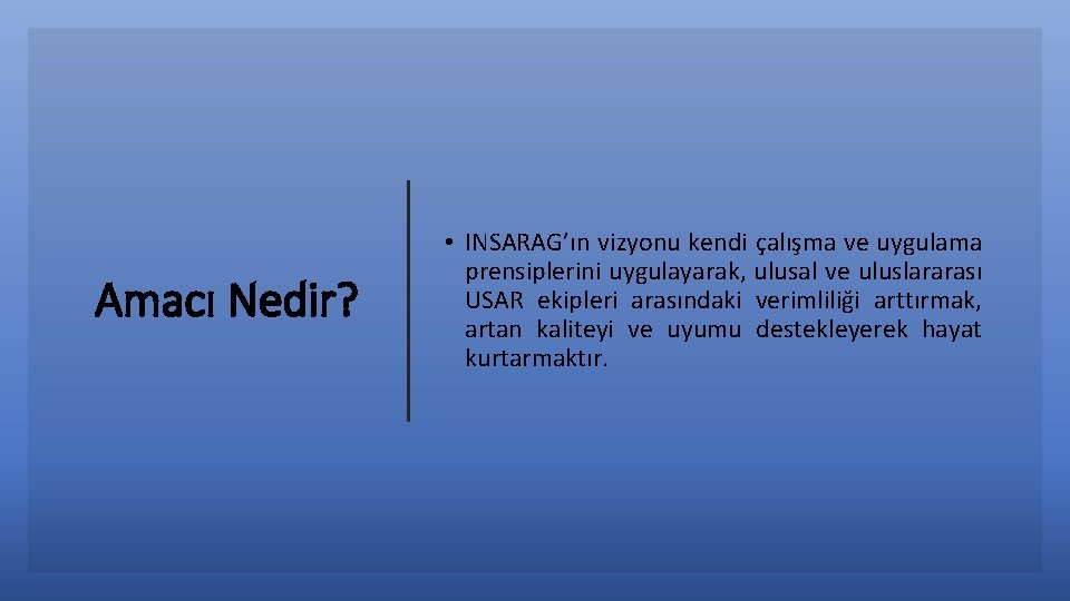 Amacı Nedir? • INSARAG’ın vizyonu kendi çalışma ve uygulama prensiplerini uygulayarak, ulusal ve uluslararası