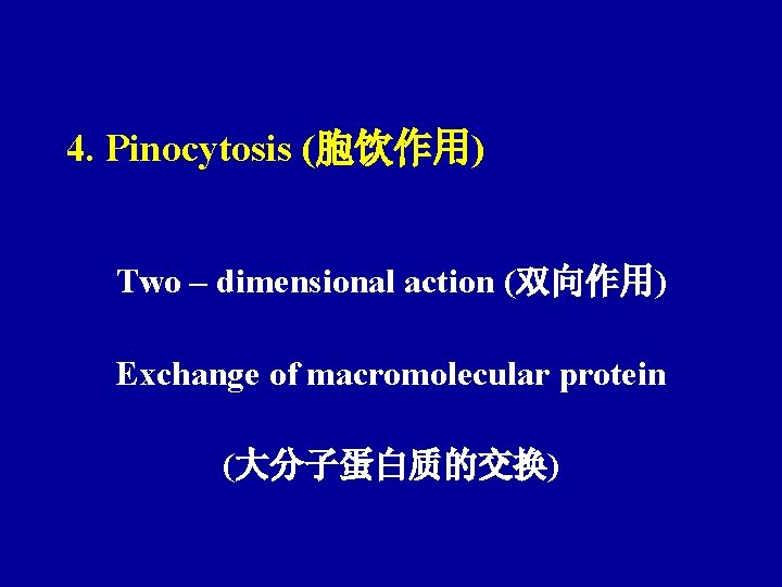 4. Pinocytosis (胞饮作用) Two – dimensional action (双向作用) Exchange of macromolecular protein (大分子蛋白质的交换) 