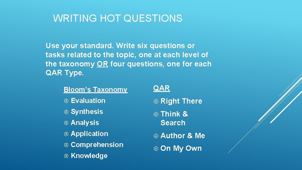 WRITING HOT QUESTIONS Use your standard. Write six questions or tasks related to the WRITING HOT QUESTIONS Use your standard. Write six questions or tasks related to the