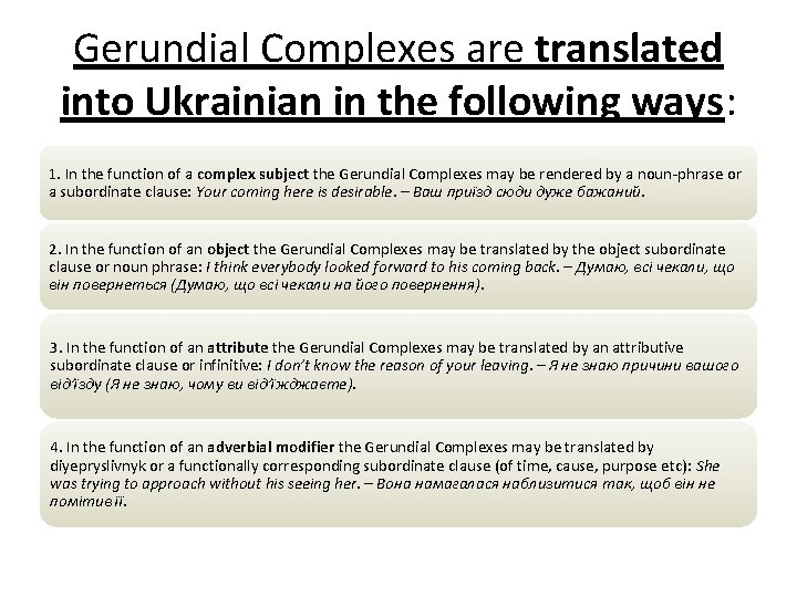 Gerundial Complexes are translated into Ukrainian in the following ways: 1. In the function