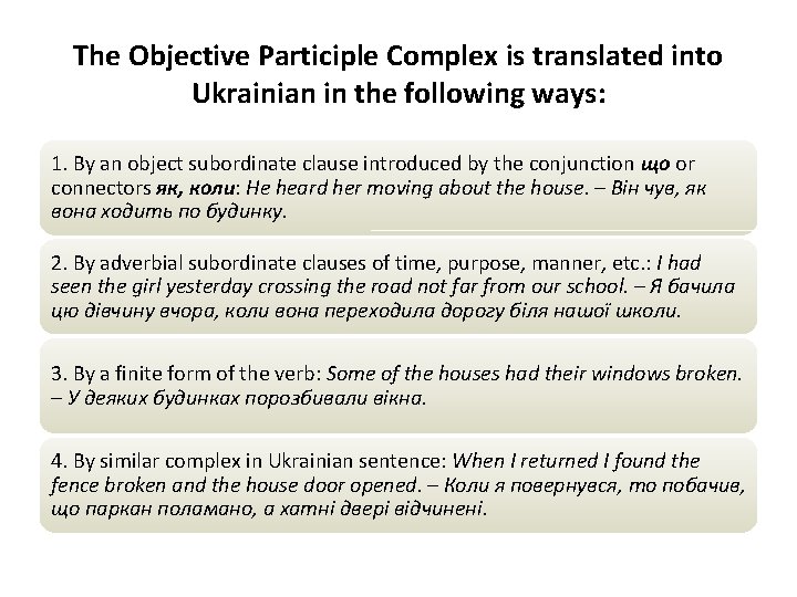 The Objective Participle Complex is translated into Ukrainian in the following ways: 1. By