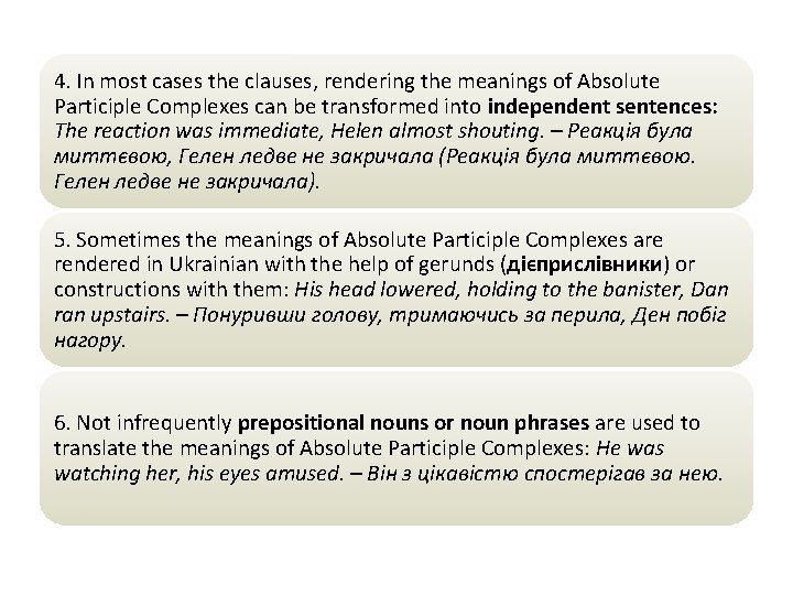 4. In most cases the clauses, rendering the meanings of Absolute Participle Complexes can