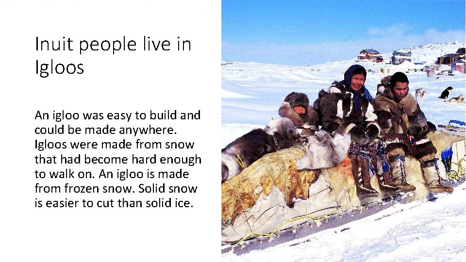 Inuit people live in Igloos An igloo was easy to build and could be