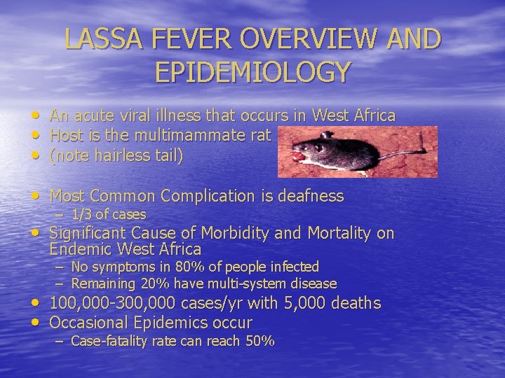 LASSA FEVER OVERVIEW AND EPIDEMIOLOGY • An acute viral illness that occurs in West