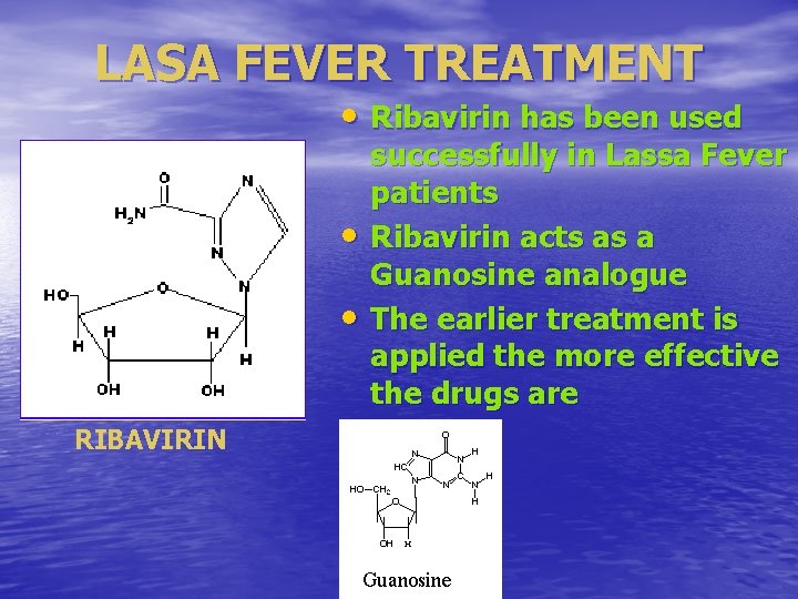 LASA FEVER TREATMENT • Ribavirin has been used • • RIBAVIRIN successfully in Lassa