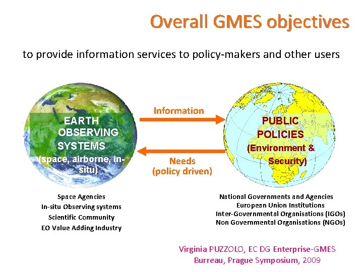 Overall GMES objectives to provide information services to policy-makers and other users EARTH OBSERVING